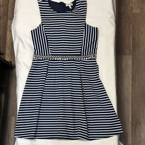 Girls Navy & White Striped Jewel-Waist Dress